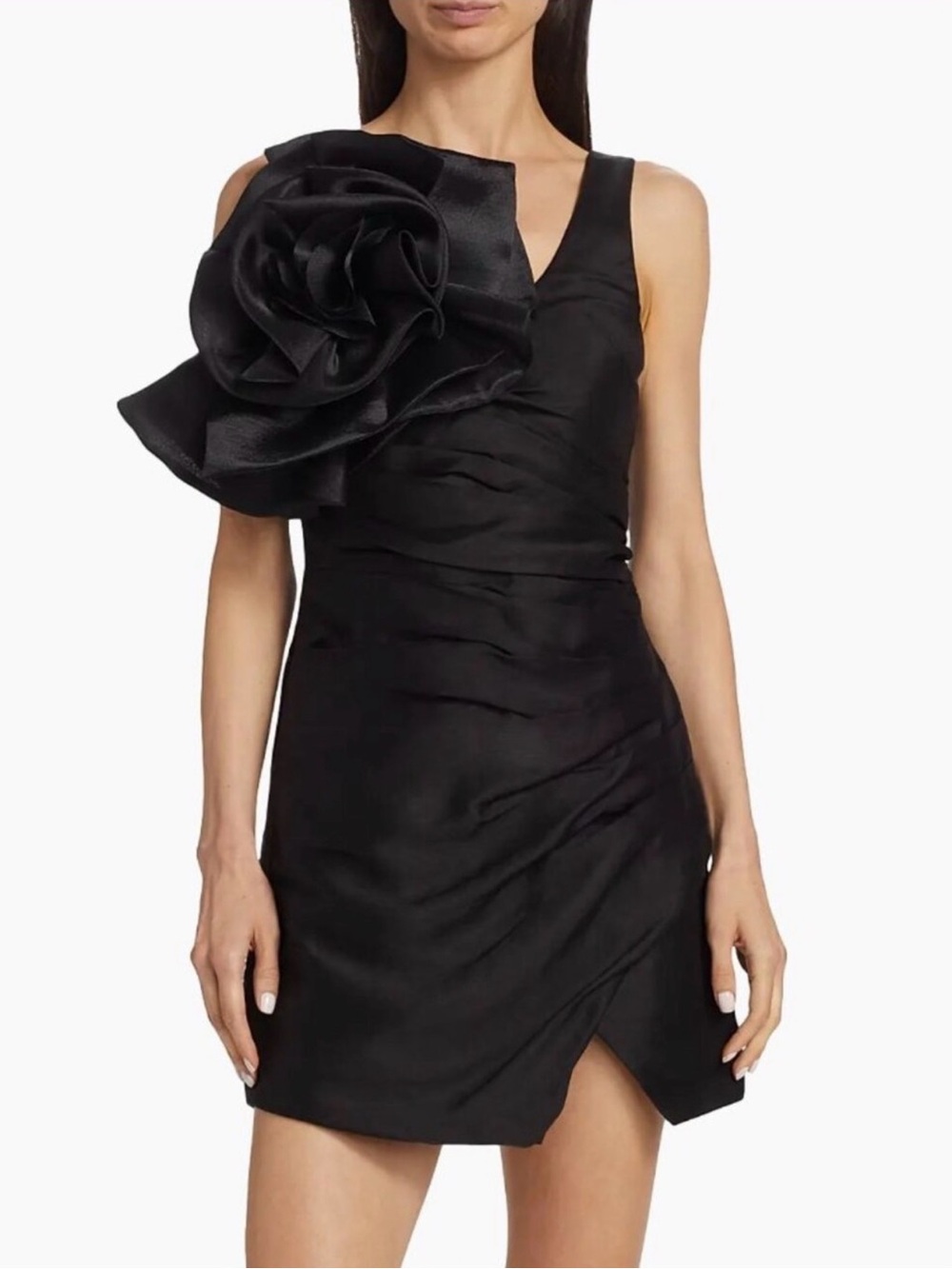 Aje Black One-Shoulder Mini Dress with Oversized Floral Applique